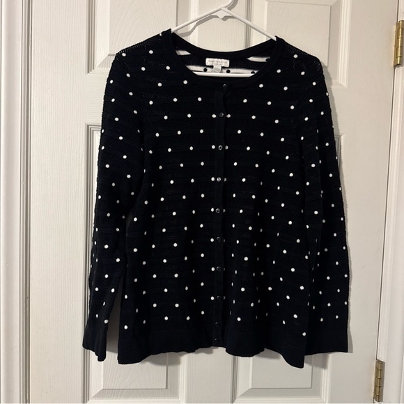 Charter Club Sweater Size 1X Black Embroidered Polka Dot Button Front Cardigan - Picture 1 of 3